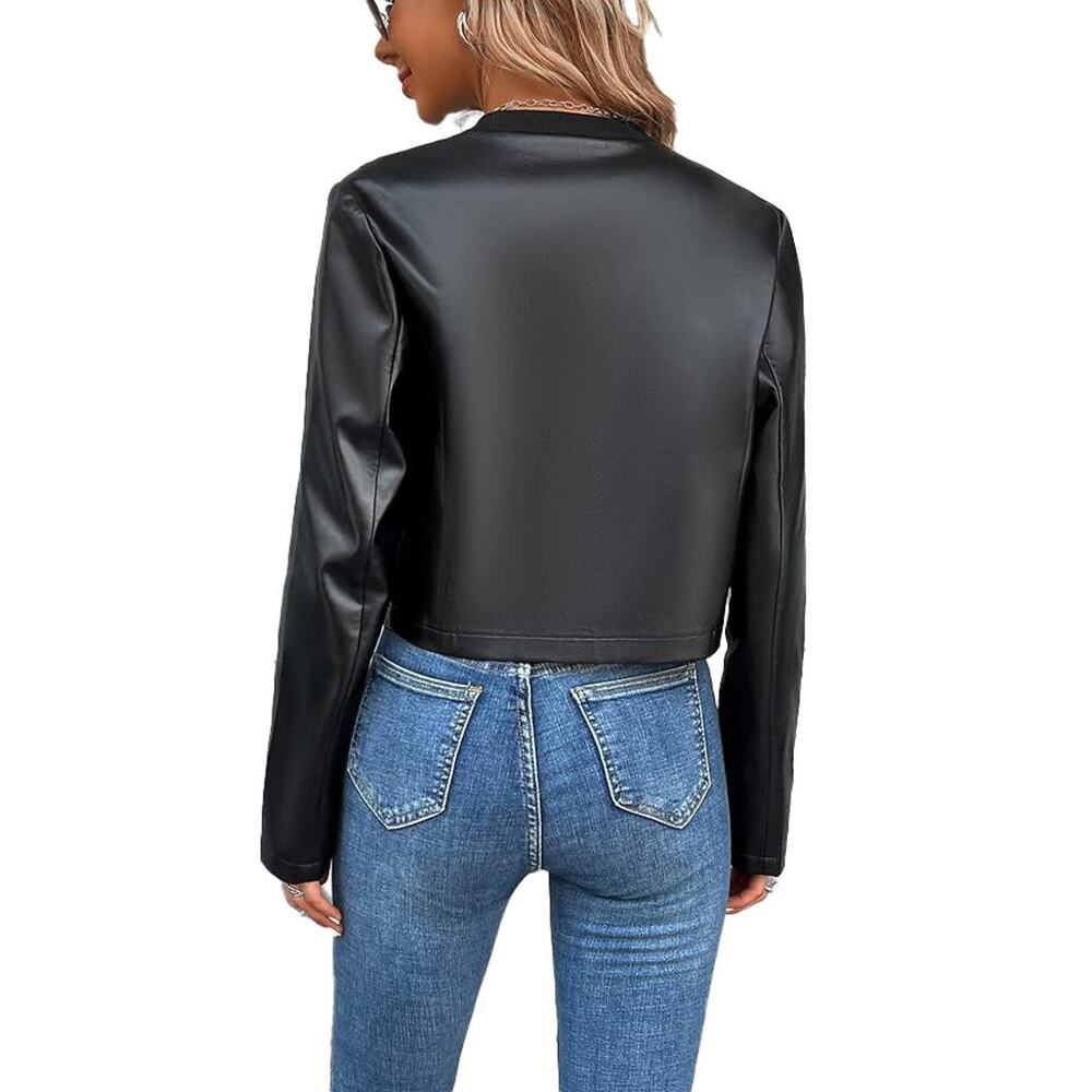 Patrizia Luca Women's Black Faux Leather Zip Up Cropped Moto Jacket Size XS NWT - Picture 2 of 3